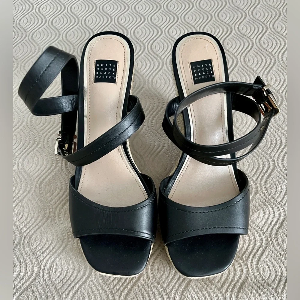 White House Black Market wedge heels in black leather w/ faux wood wedge size 8